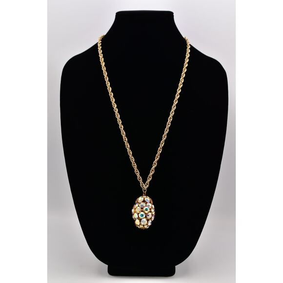 Vintage Crystal Pendant Necklace Open Bezel Aurora Borealis Gold Tone 80s Bin6A - Picture 2 of 11